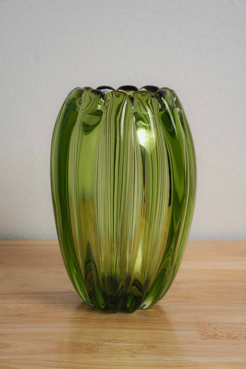Alfredo Barbini Murano Sommerso Green Ribbed Italian Art Glass