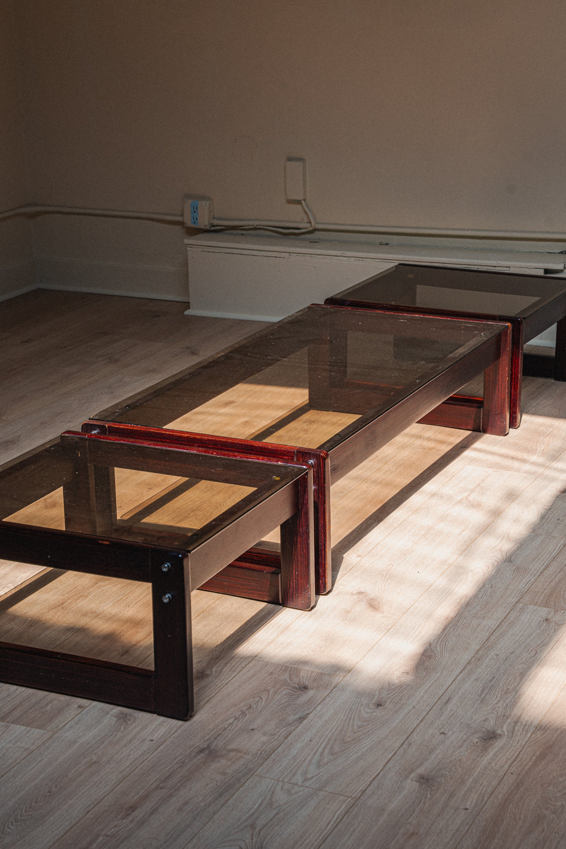Rosewood & Smoked Glass Coffee + Side Table Set by Percival Lafer