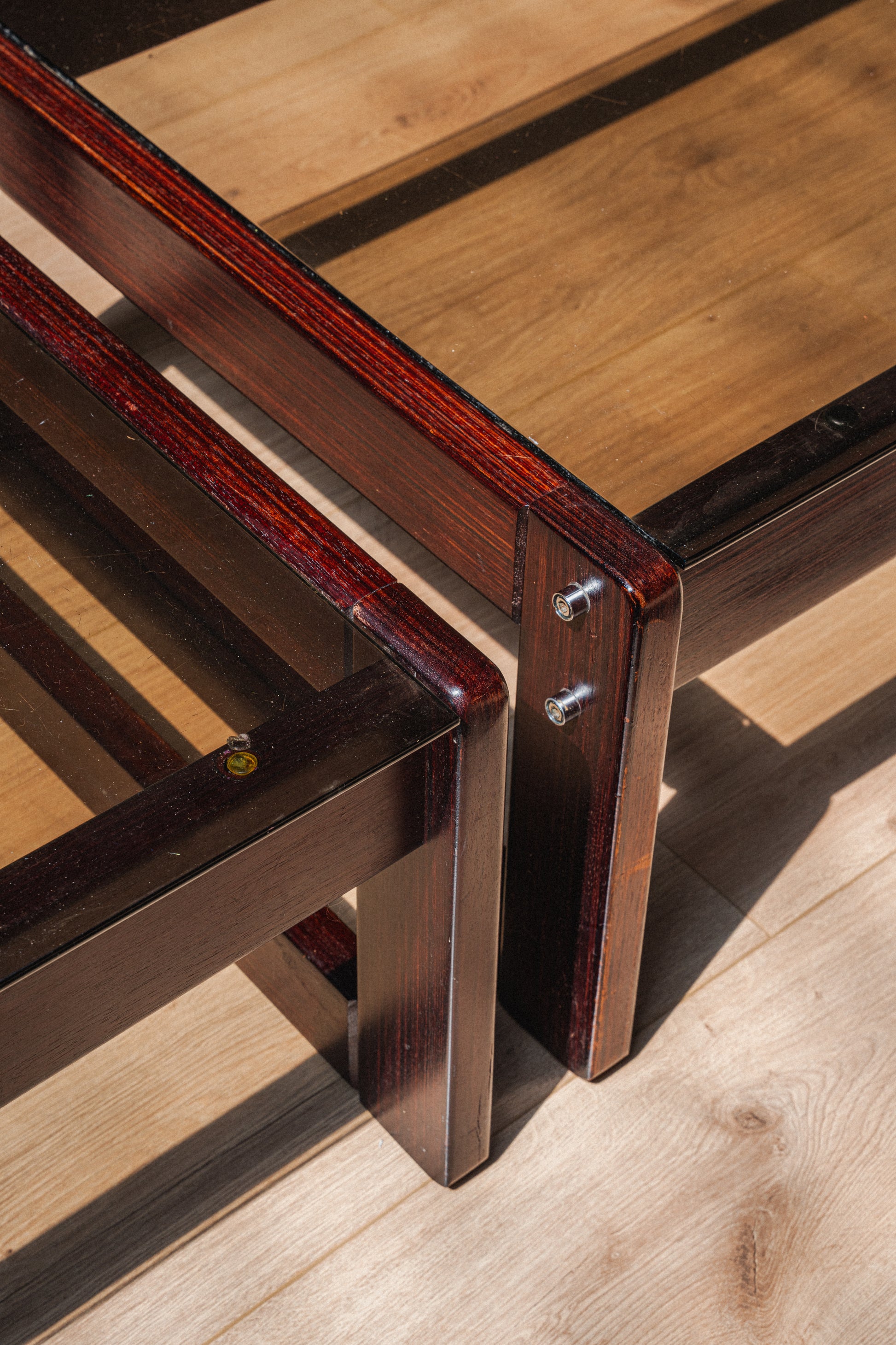 Rosewood & Smoked Glass Coffee + Side Table Set by Percival Lafer