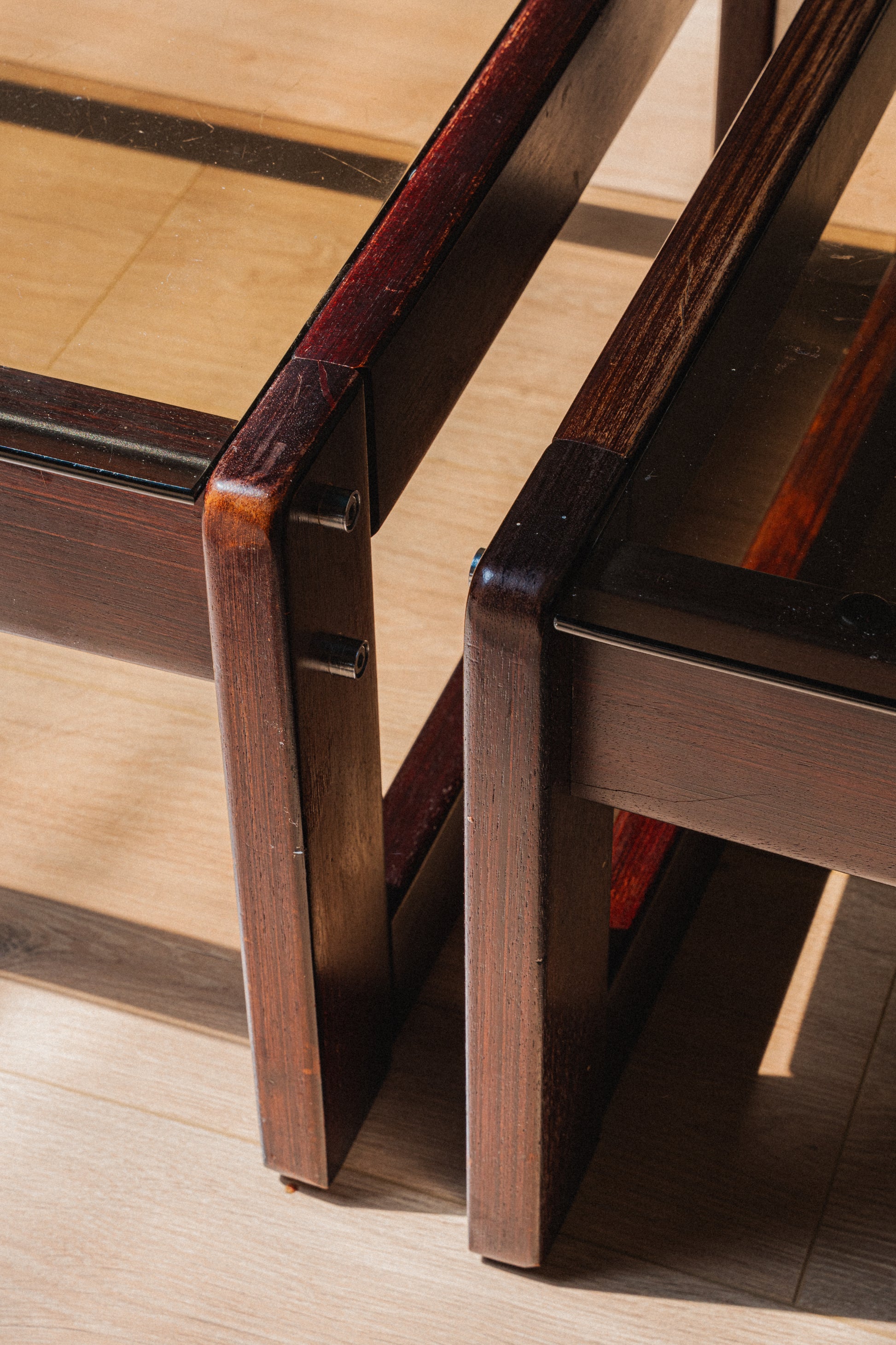 Rosewood & Smoked Glass Coffee + Side Table Set by Percival Lafer