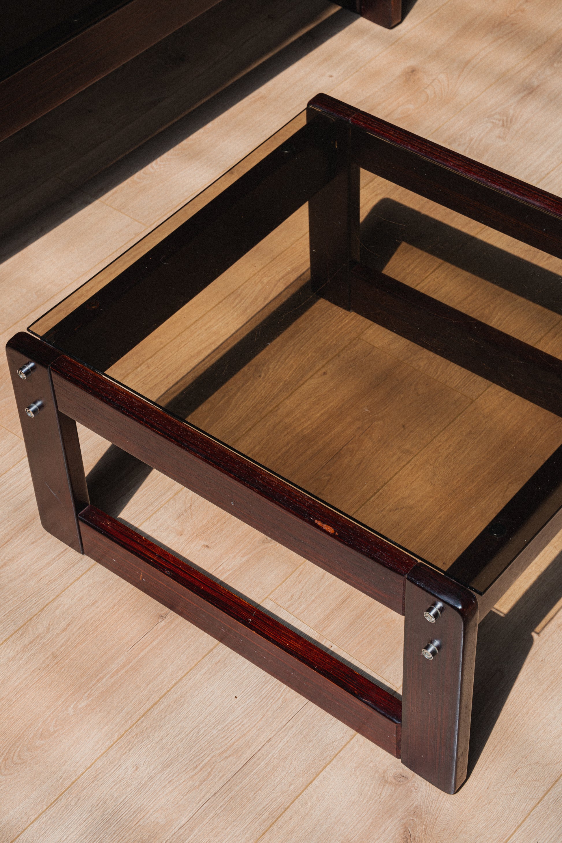 Rosewood & Smoked Glass Coffee + Side Table Set by Percival Lafer