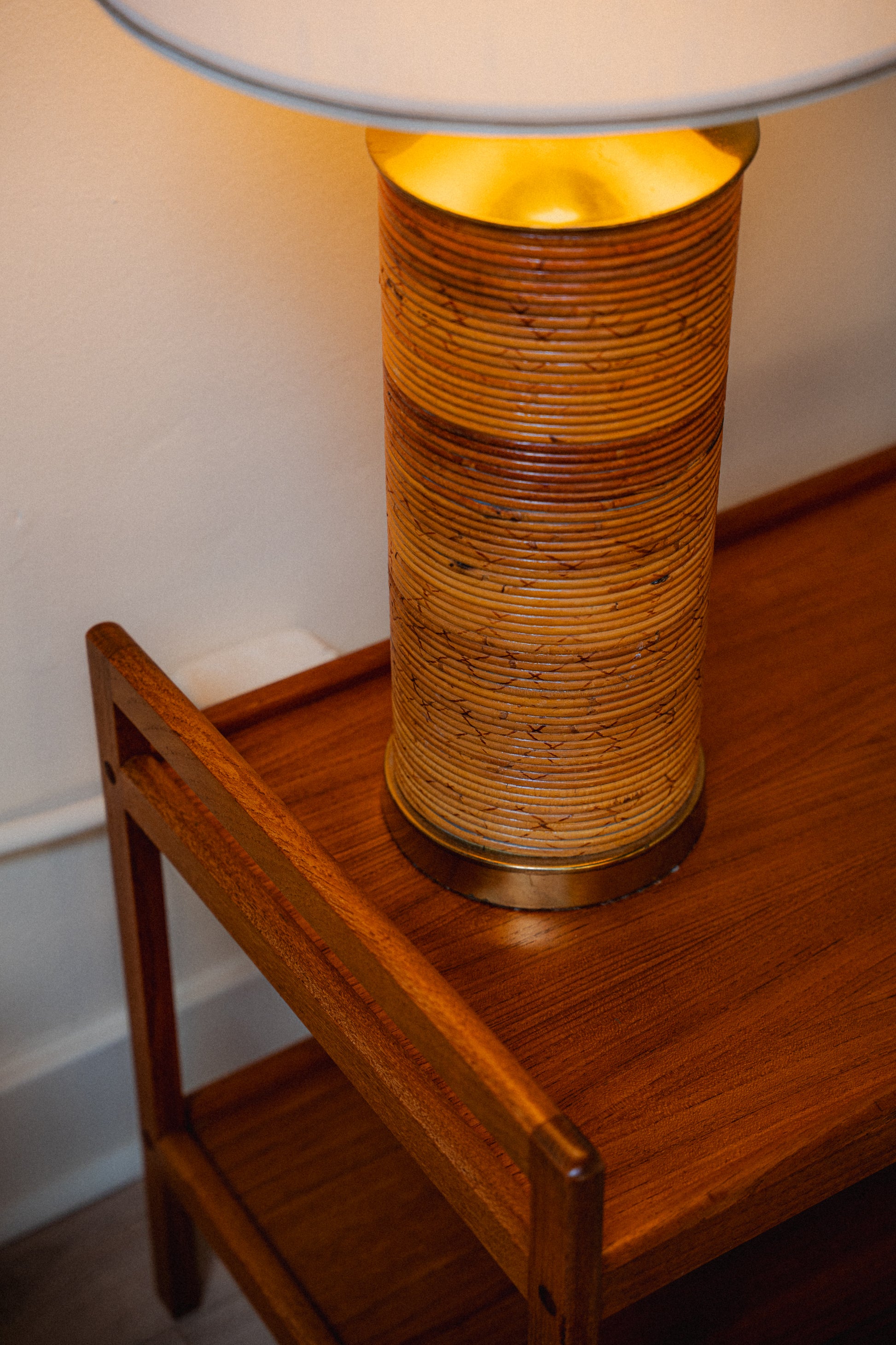 Circa 1970s Pencil Reed Brass Lamp w/ Shade