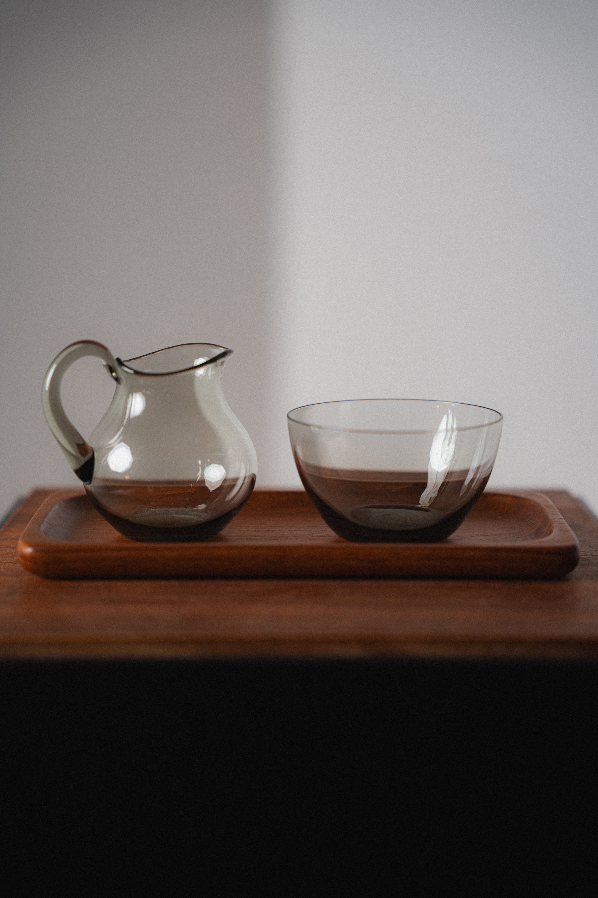 Smoked Glass Milk & Sugar Set w/ Teak Tray by Sowe Sovestad