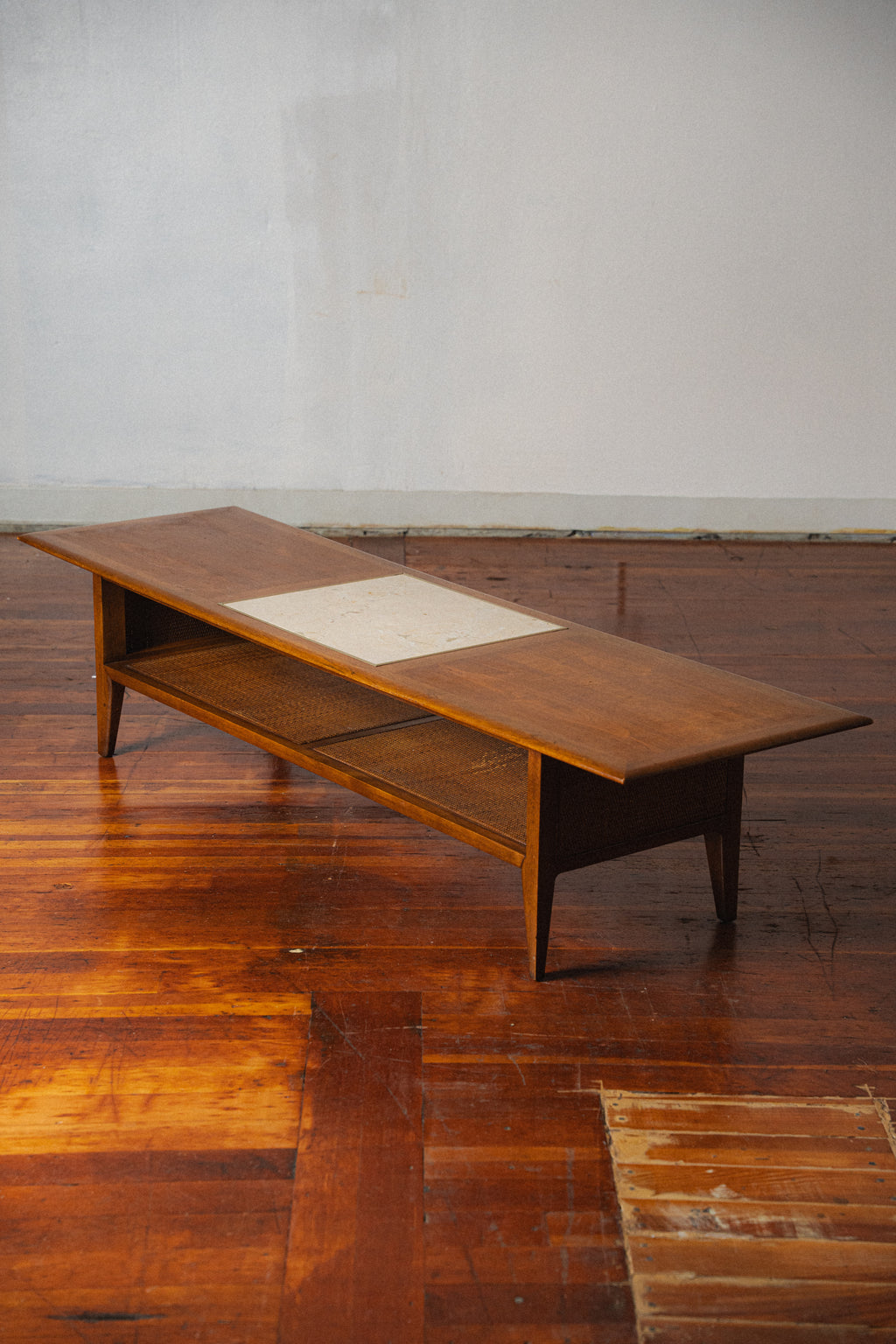 Walnut, Marble, and Cane Coffee Table