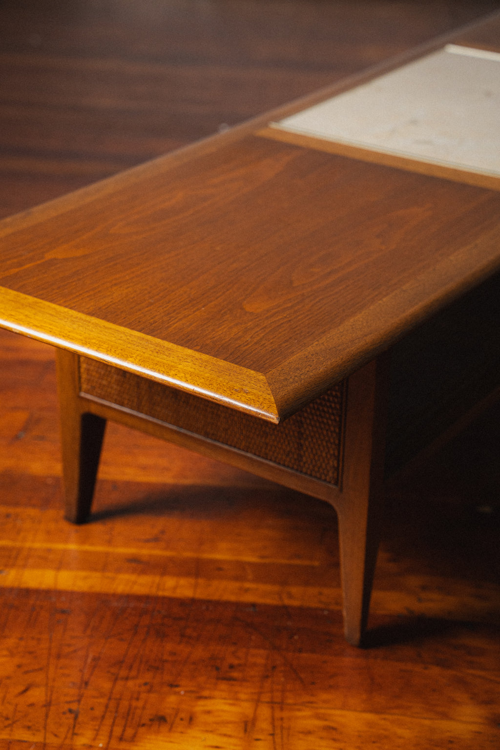 Walnut, Marble, and Cane Coffee Table