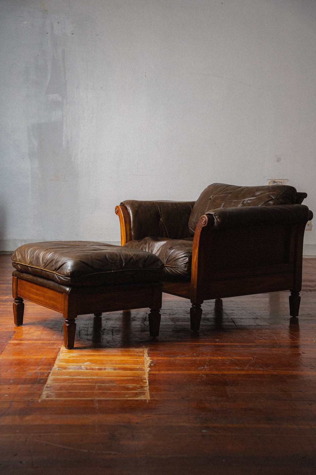 Leather + Rattan Lounge Chair w/ Ottoman