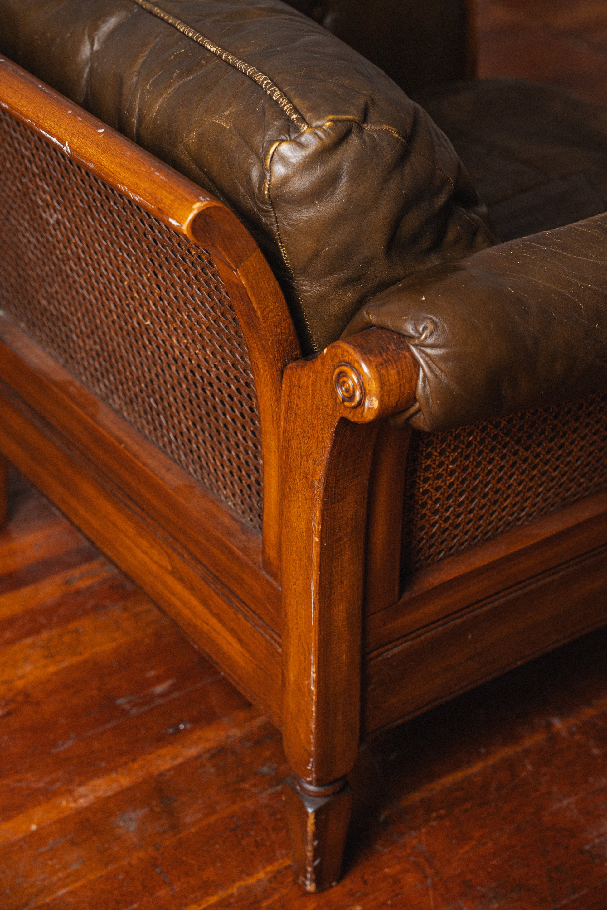 Leather + Rattan Lounge Chair w/ Ottoman