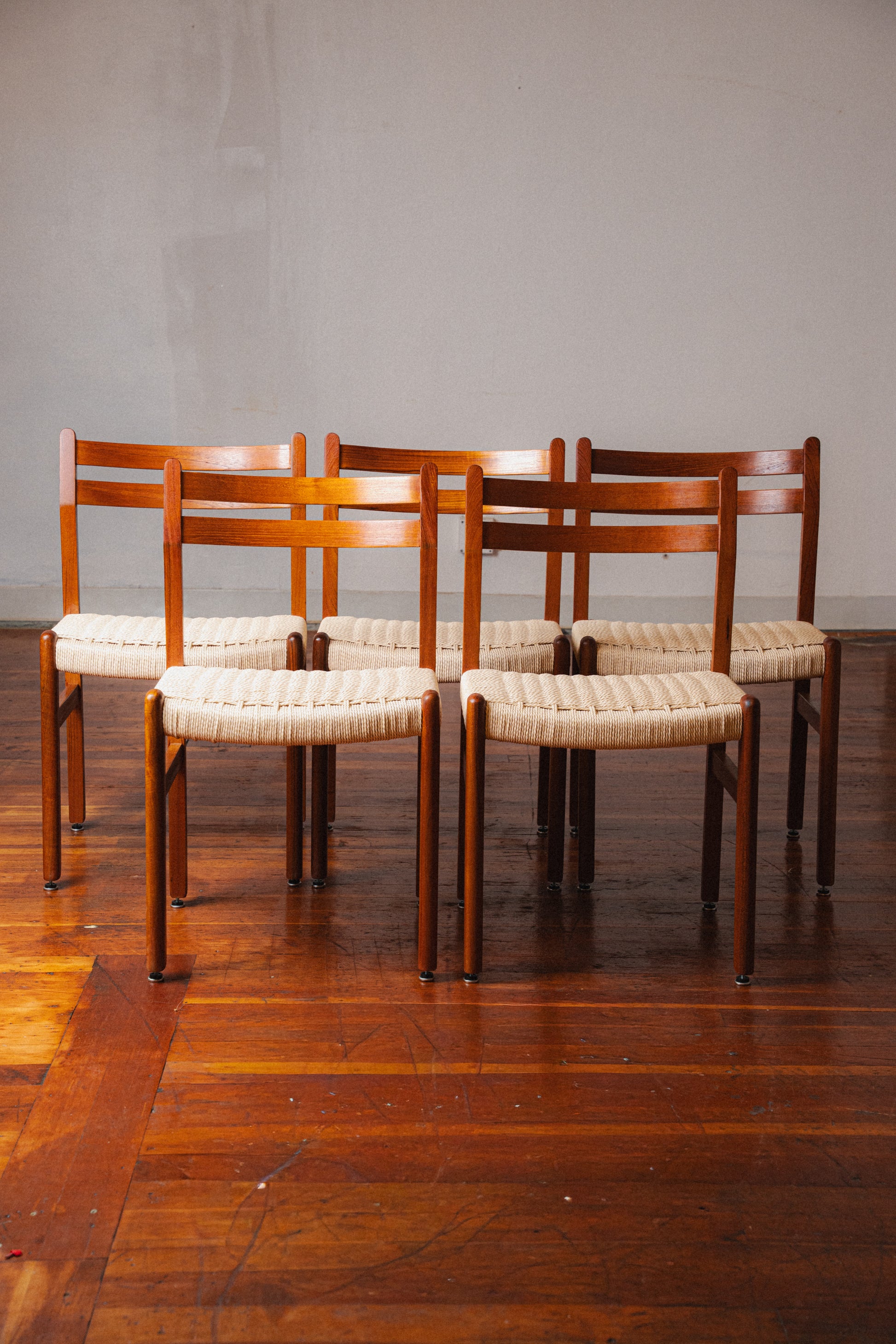Danish Teak & Paper Cord Dining Chairs (Set of 5)