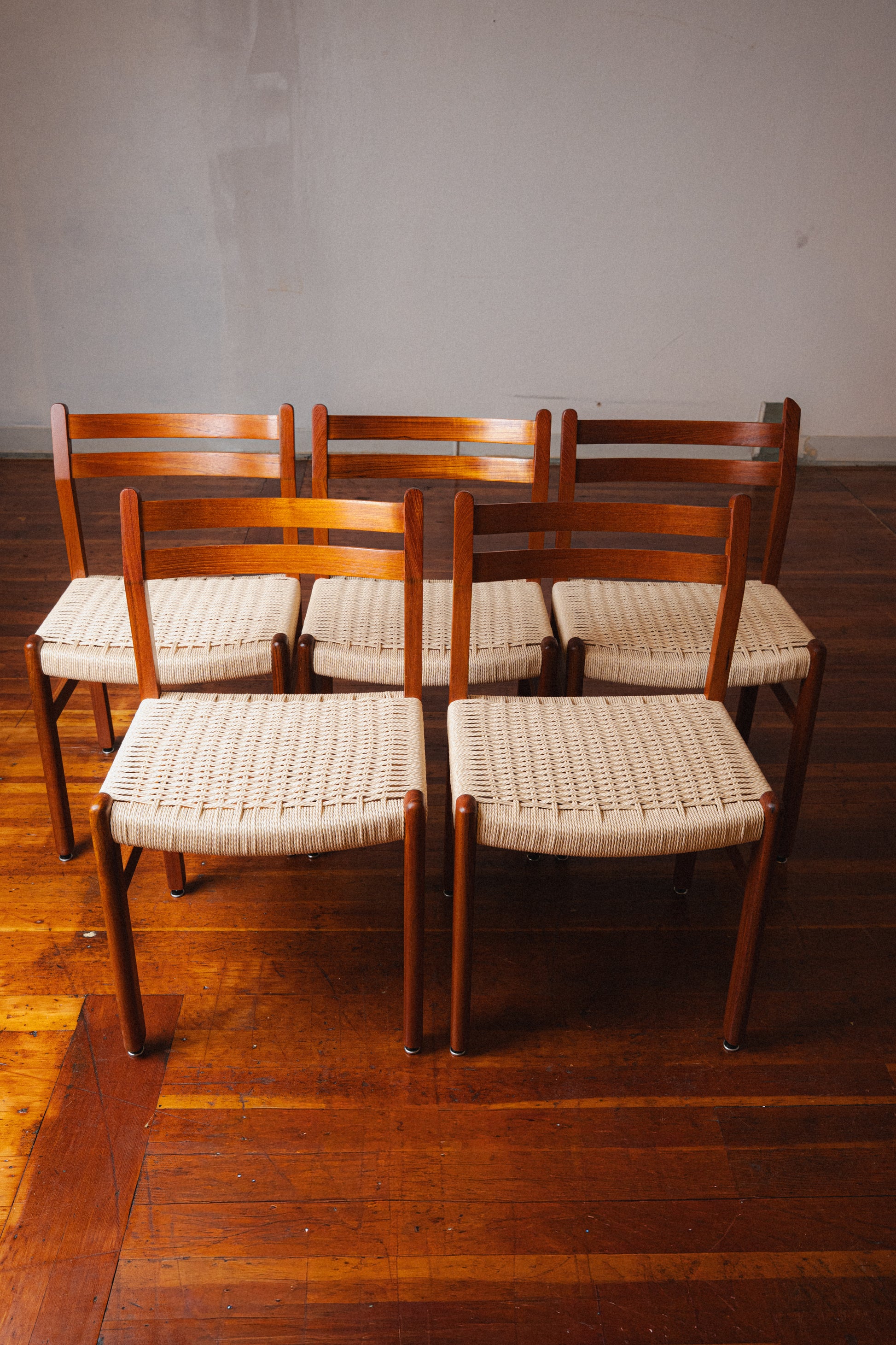 Danish Teak & Paper Cord Dining Chairs (Set of 5)