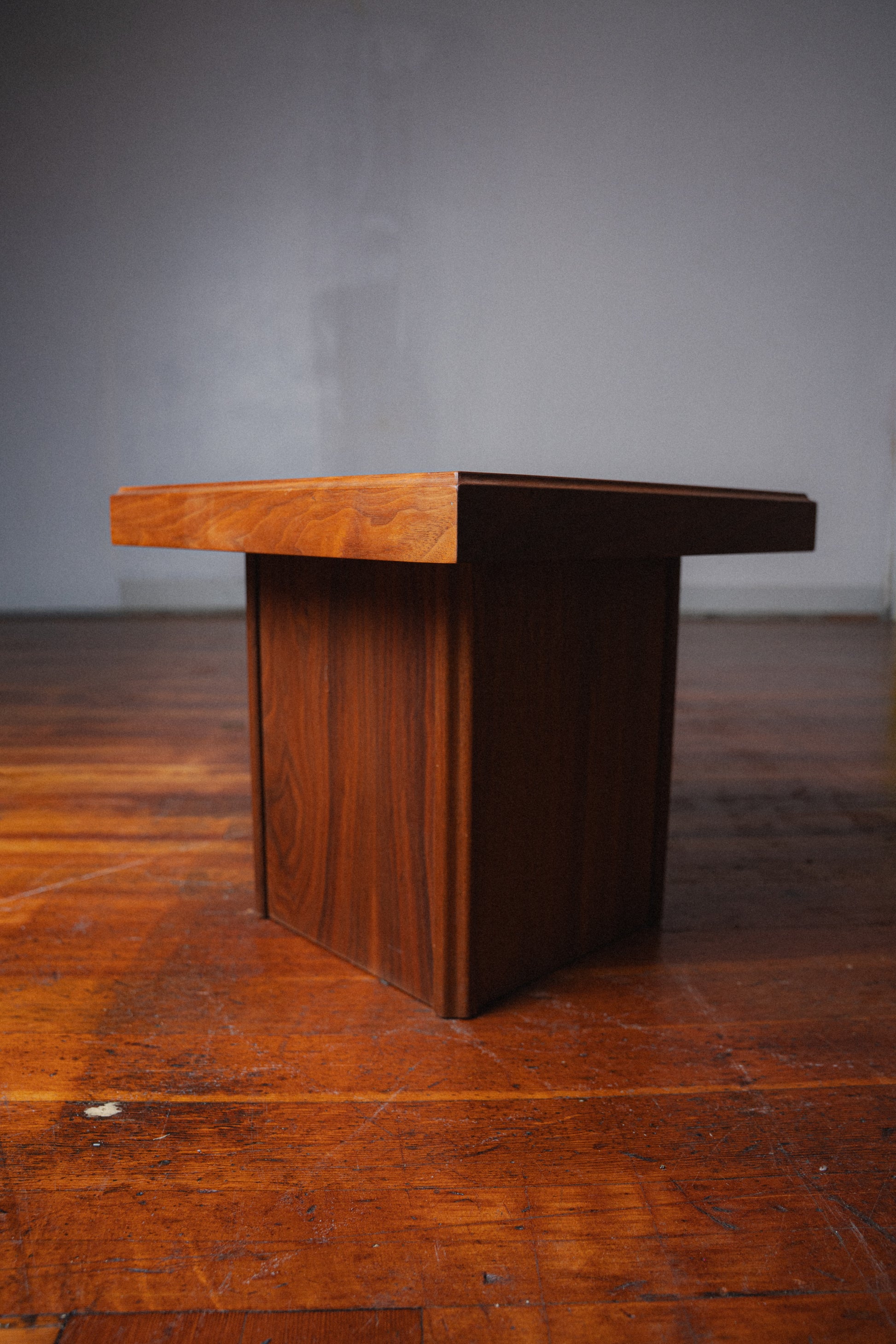 John Keal Square Reverse Painted Glass and Walnut End Tables for Brown Saltman