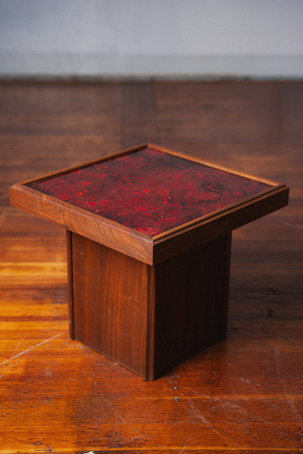 John Keal Square Reverse Painted Glass and Walnut End Tables for Brown Saltman