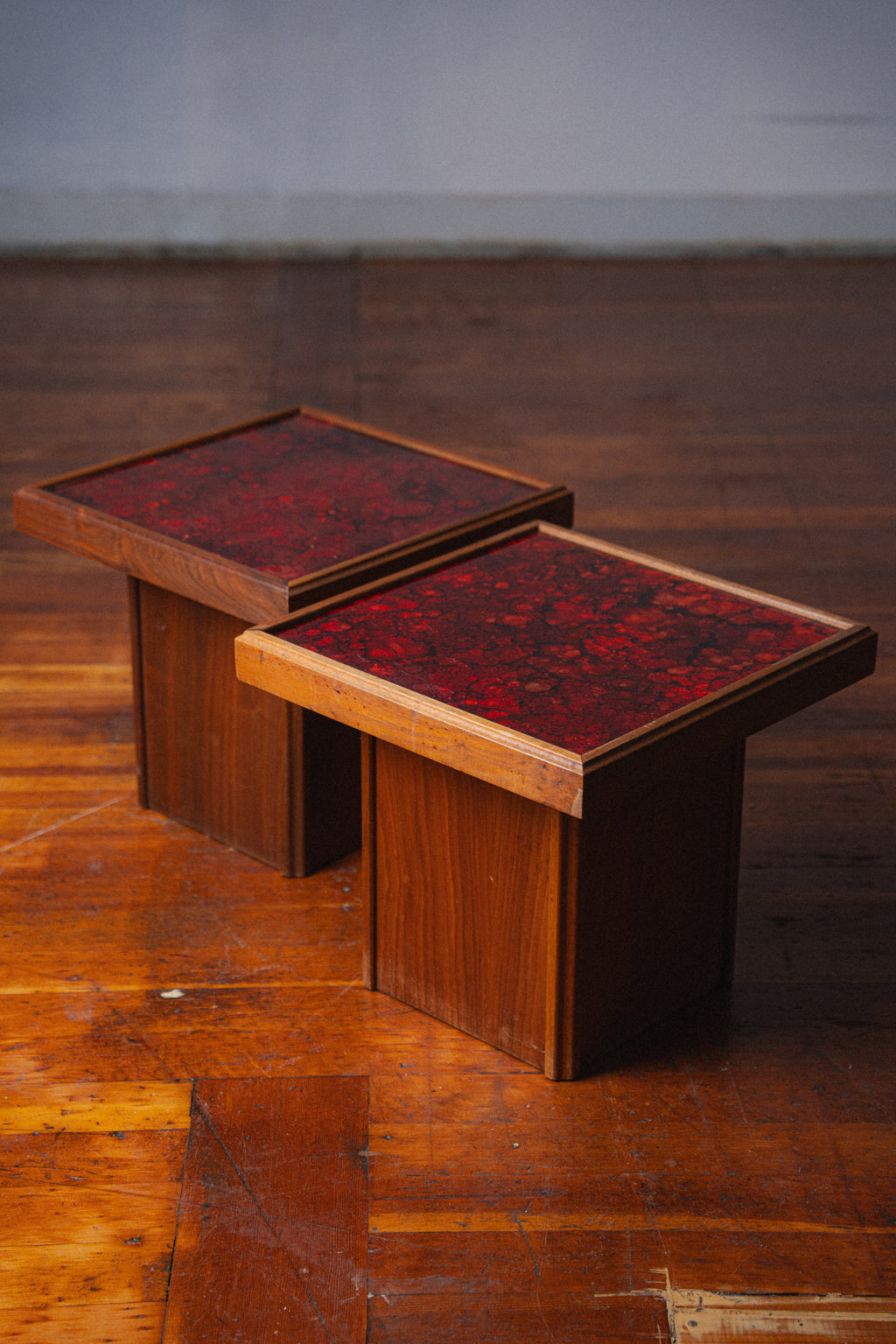 John Keal Square Reverse Painted Glass and Walnut End Tables for Brown Saltman