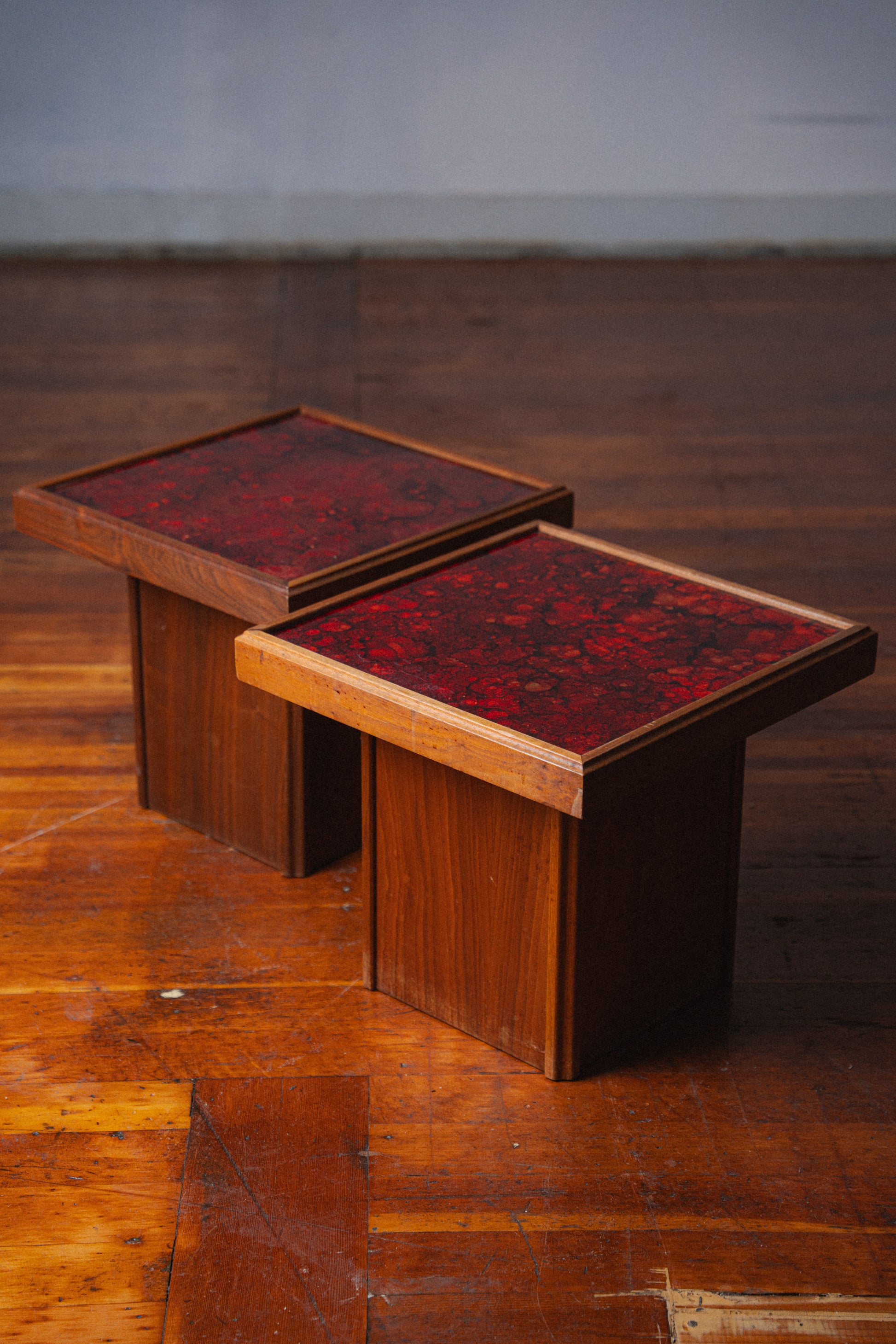 John Keal Square Reverse Painted Glass and Walnut End Tables for Brown Saltman
