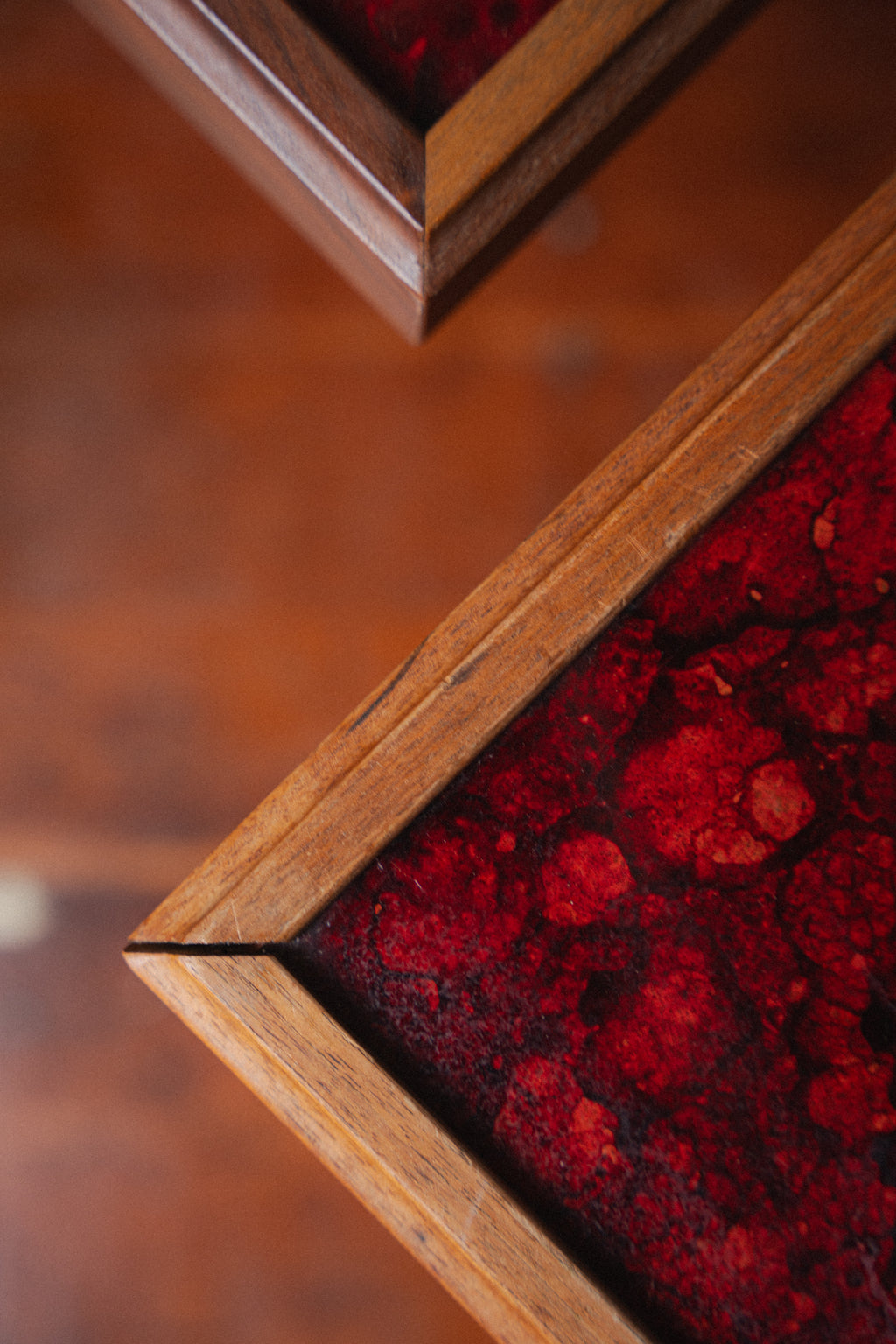 John Keal Square Reverse Painted Glass and Walnut End Tables for Brown Saltman