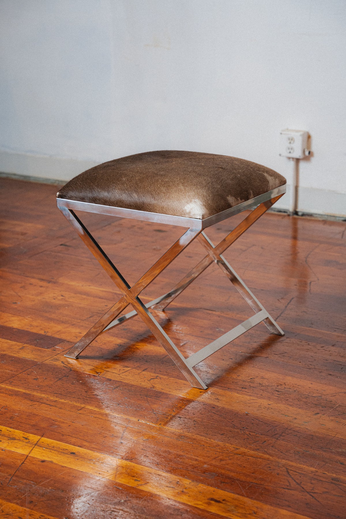 Chromed Steel & Cowhide Footstool