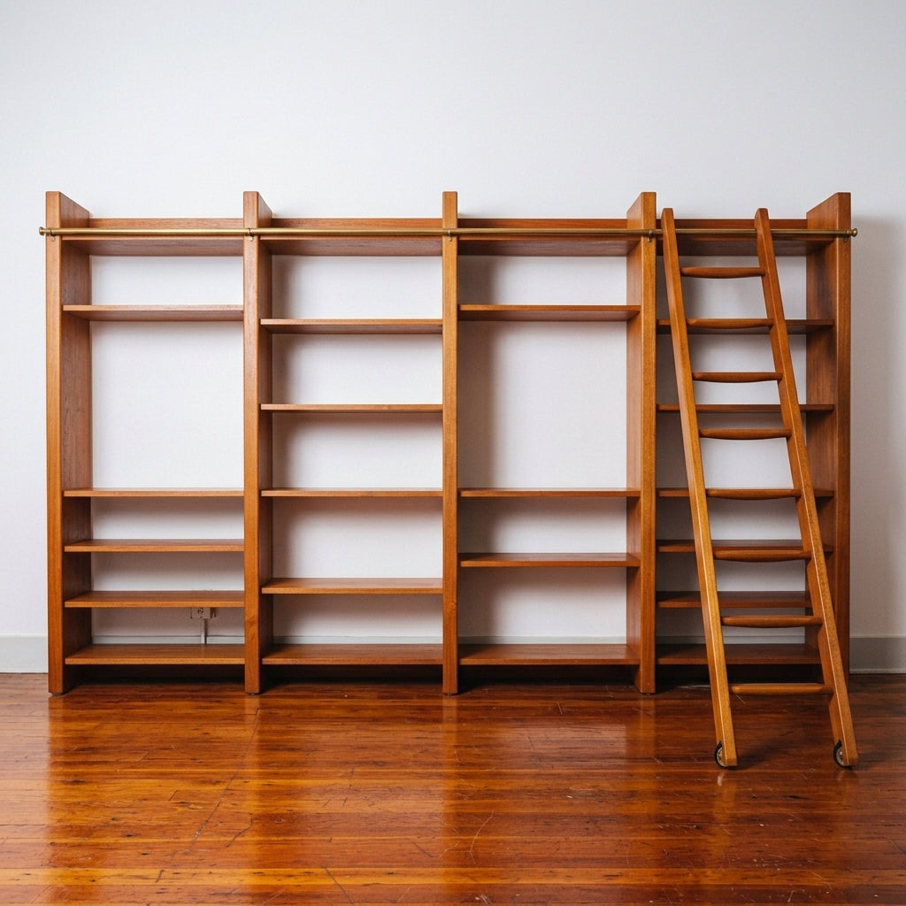 Norwegian Teak Free-Standing Wall Unit w/ Rolling Ladder